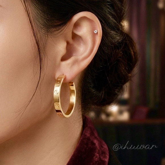 Gold Screw Design Hoop Earrings - Picture 5 of 5